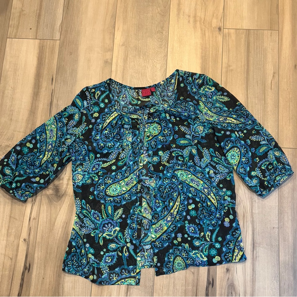212 Collection Blue & Teal Paisley 3/4 Sleeve Blouse Size M